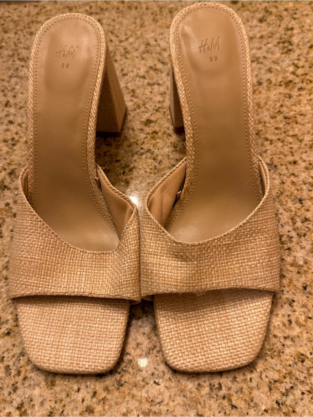 H&M Natural Woven Block Heel Mule Sandals